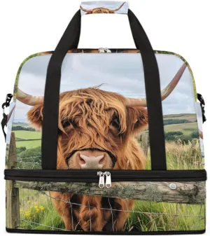 Sports Gym Bag Alpine Cattle Landscape Large Travel Duffel Bag With Shoe Compartment Foldable Waterproof Carry-On Weekend Travel Bags for Camping Overnight Yoga Hospital Travel Bags