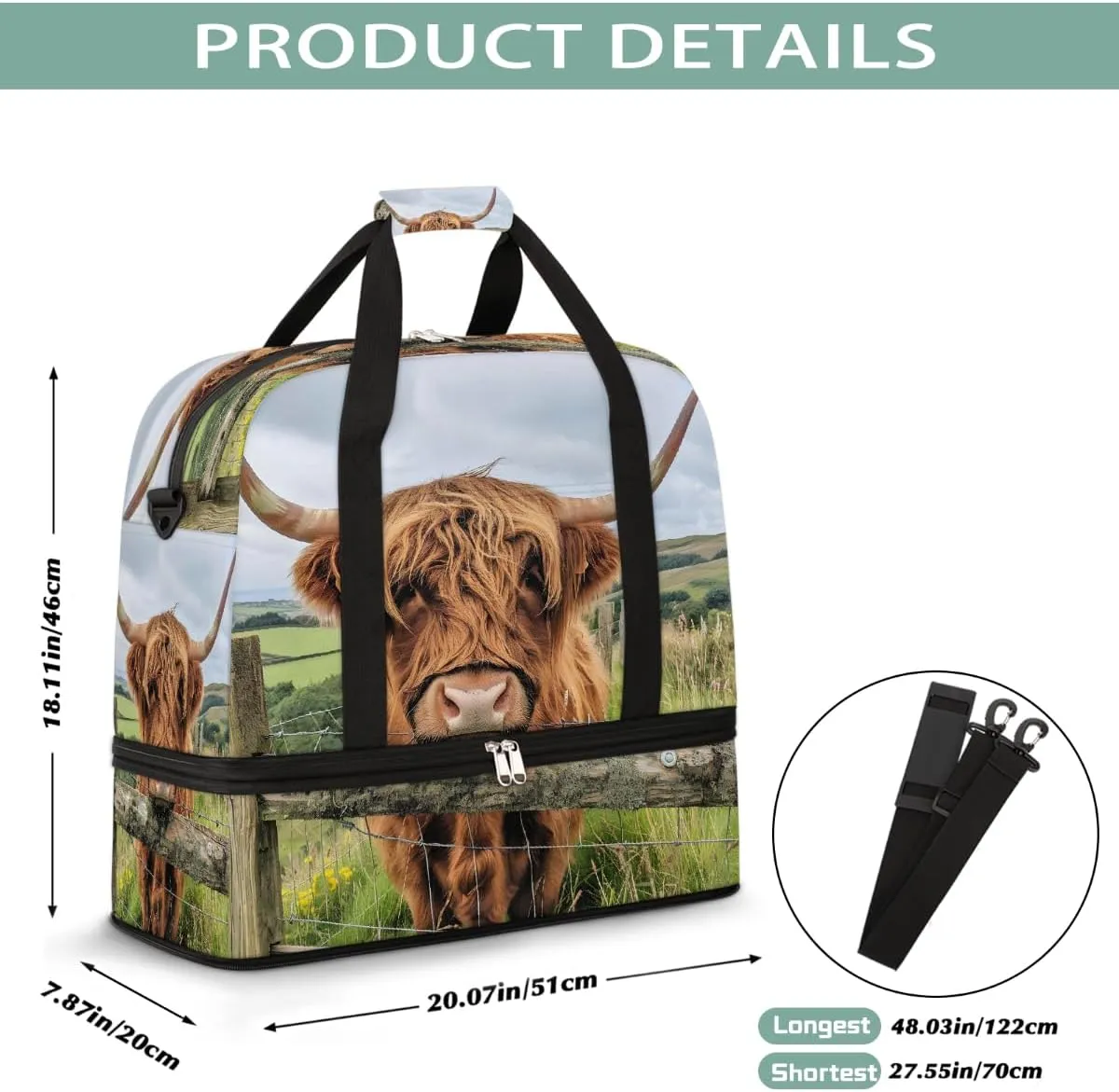 Sports Gym Bag Alpine Cattle Landscape Large Travel Duffel Bag With Shoe Compartment Foldable Waterproof Carry-On Weekend Travel Bags for Camping Overnight Yoga Hospital Travel Bags