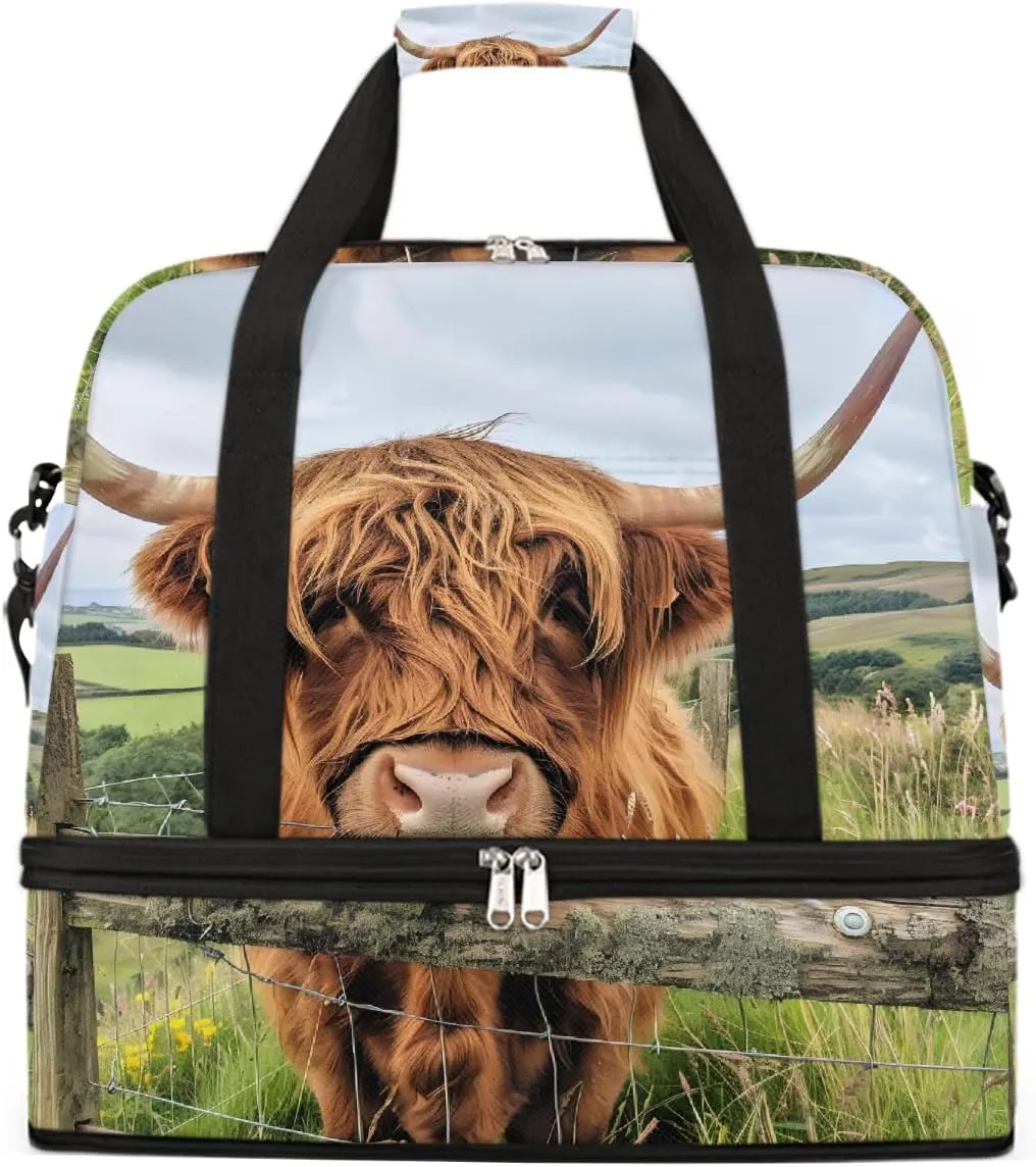 Sports Gym Bag Alpine Cattle Landscape Large Travel Duffel Bag With Shoe Compartment Foldable Waterproof Carry-On Weekend Travel Bags for Camping Overnight Yoga Hospital Travel Bags