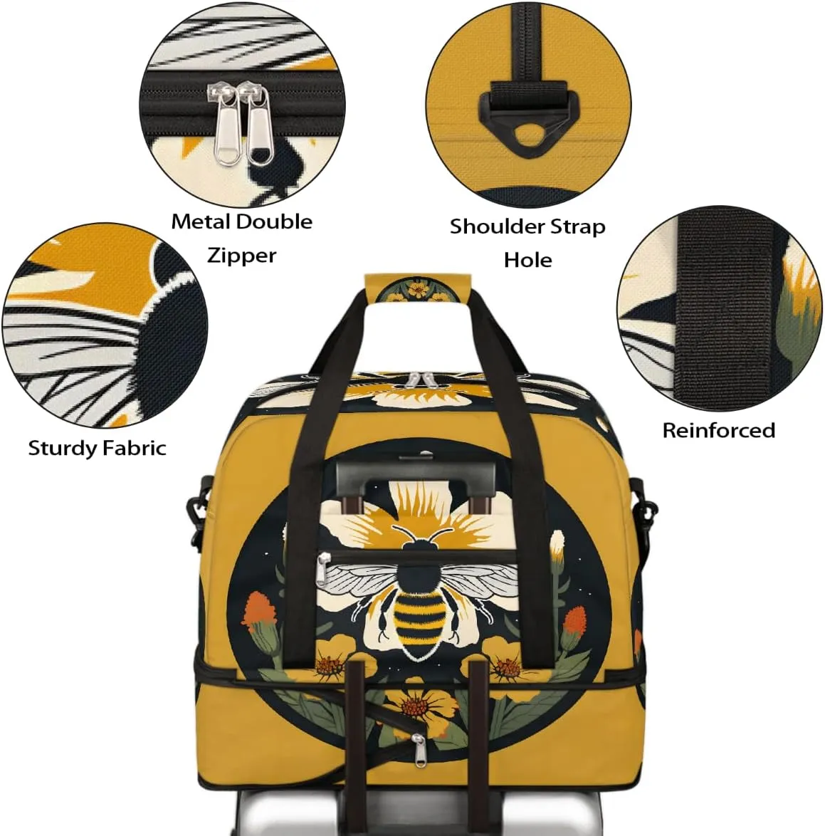 Sports Gym Bag Bee Circle Flower Large Travel Duffel Bag With Shoe Compartment Foldable Waterproof Carry-On Weekend Travel Bags for Camping Overnight Yoga Hospital Travel Bags