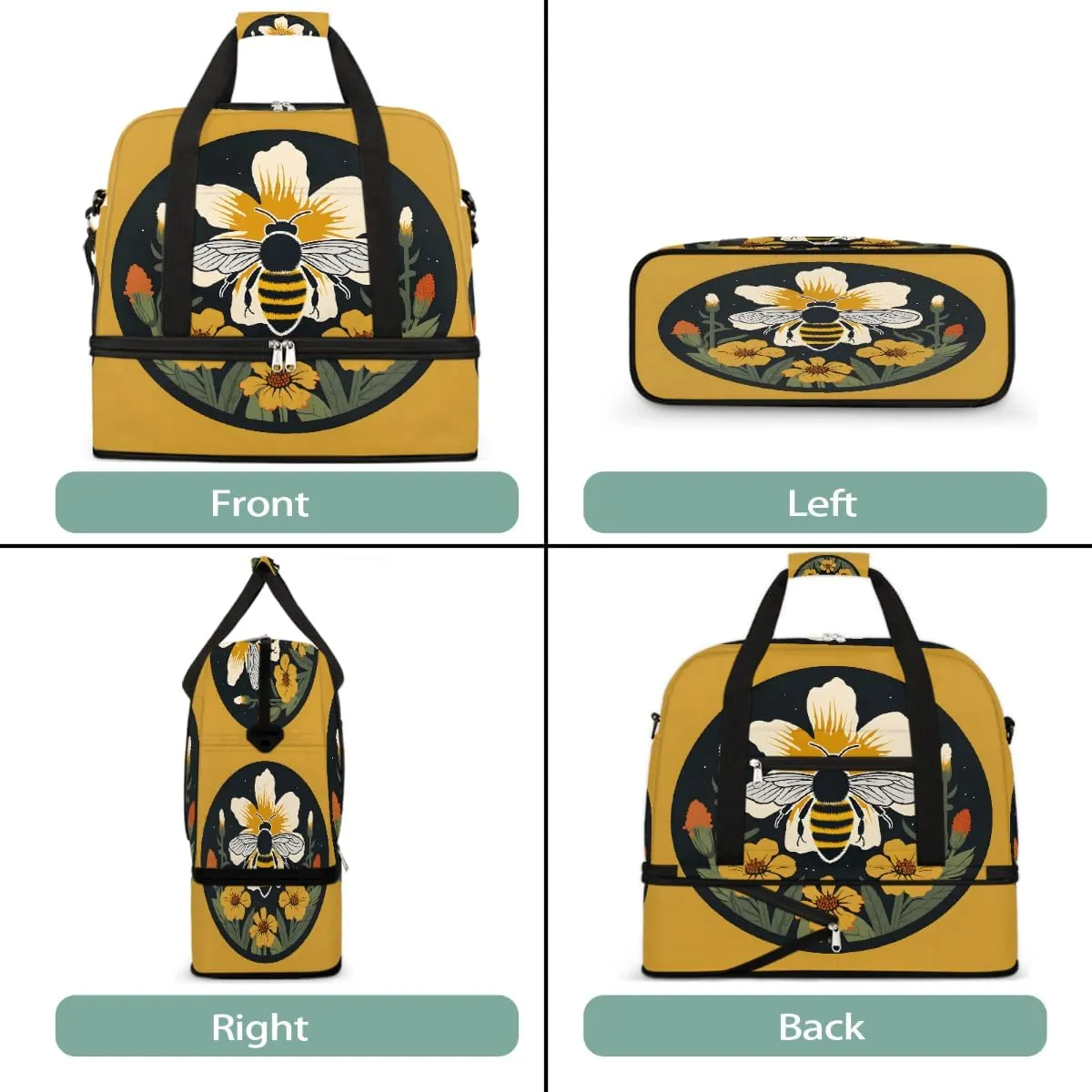 Sports Gym Bag Bee Circle Flower Large Travel Duffel Bag With Shoe Compartment Foldable Waterproof Carry-On Weekend Travel Bags for Camping Overnight Yoga Hospital Travel Bags