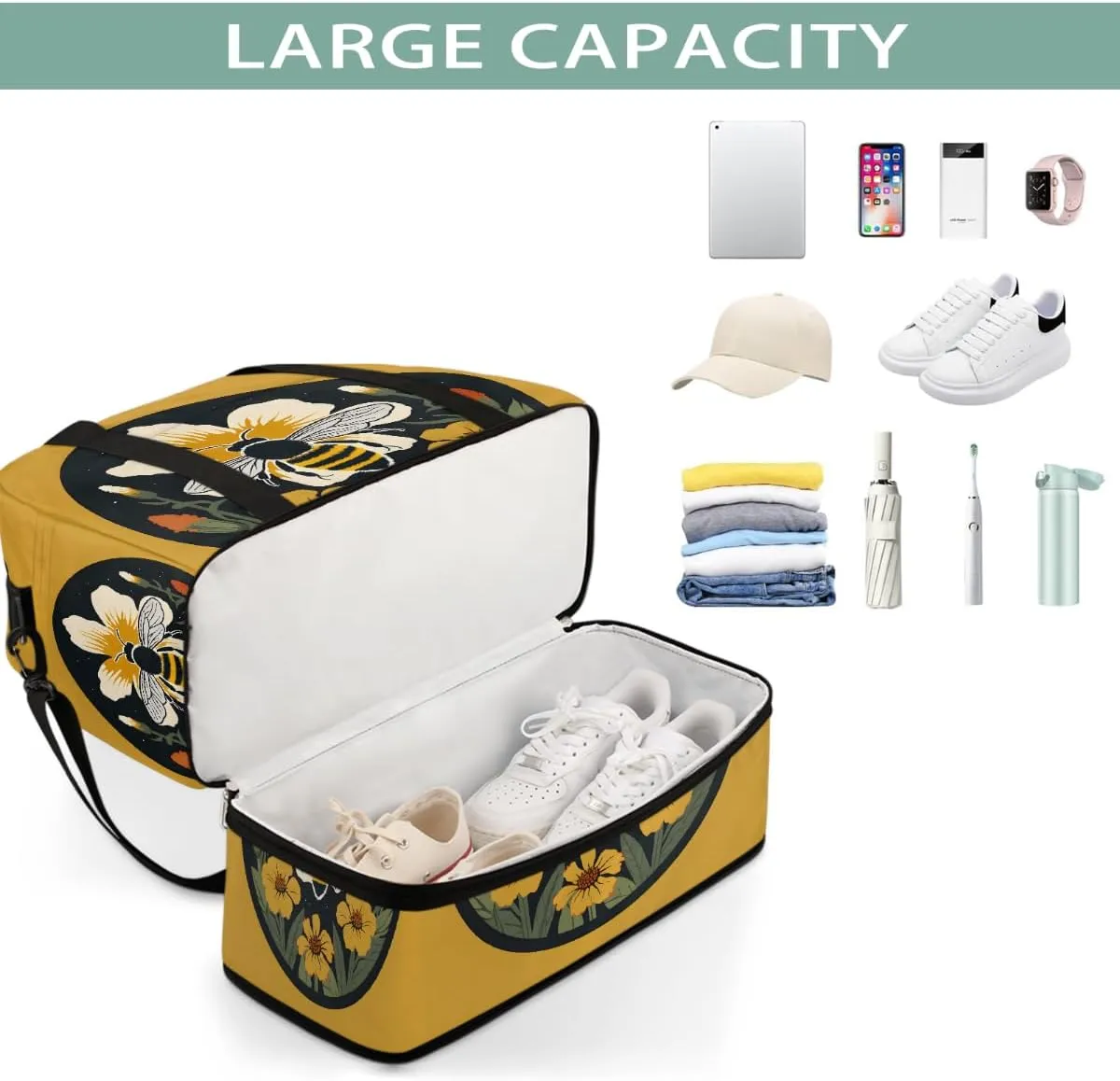 Sports Gym Bag Bee Circle Flower Large Travel Duffel Bag With Shoe Compartment Foldable Waterproof Carry-On Weekend Travel Bags for Camping Overnight Yoga Hospital Travel Bags