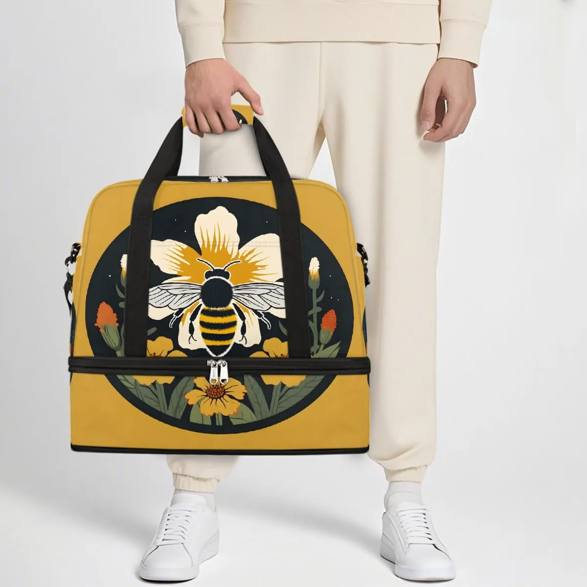Sports Gym Bag Bee Circle Flower Large Travel Duffel Bag With Shoe Compartment Foldable Waterproof Carry-On Weekend Travel Bags for Camping Overnight Yoga Hospital Travel Bags