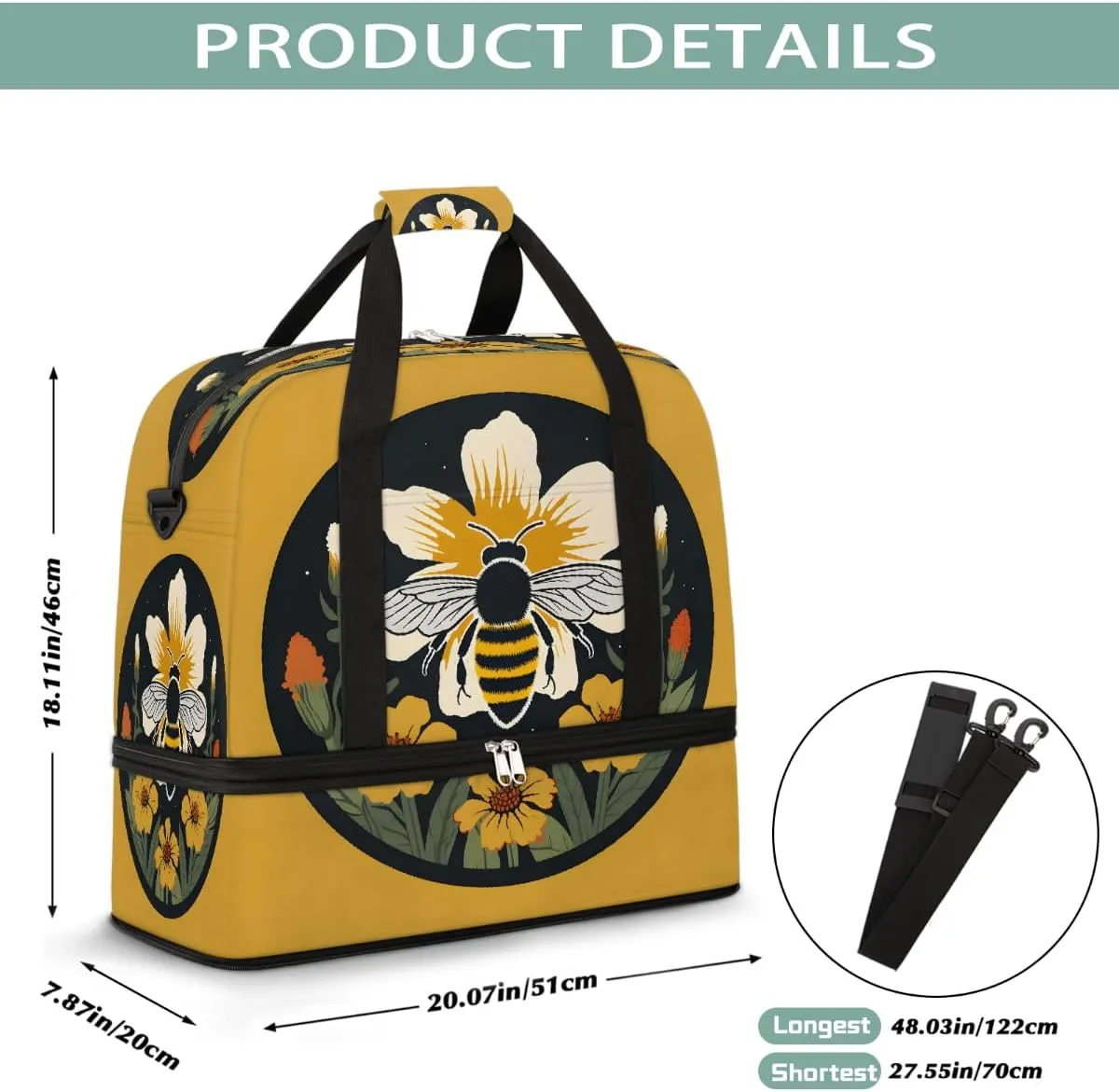 Sports Gym Bag Bee Circle Flower Large Travel Duffel Bag With Shoe Compartment Foldable Waterproof Carry-On Weekend Travel Bags for Camping Overnight Yoga Hospital Travel Bags
