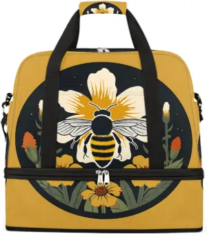 Sports Gym Bag Bee Circle Flower Large Travel Duffel Bag With Shoe Compartment Foldable Waterproof Carry-On Weekend Travel Bags for Camping Overnight Yoga Hospital Travel Bags