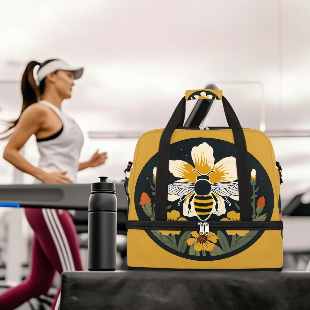 Sports Gym Bag Bee Circle Flower Large Travel Duffel Bag With Shoe Compartment Foldable Waterproof Carry-On Weekend Travel Bags for Camping Overnight Yoga Hospital Travel Bags