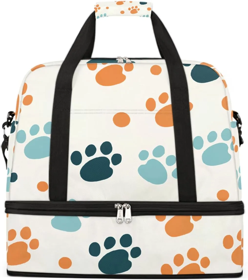 Sports Gym Bag Cute Animal Footprints Large Travel Duffel Bag With Shoe Compartment Foldable Waterproof Carry-On Weekend Travel Bags for Camping Overnight Yoga Hospital Travel Bags