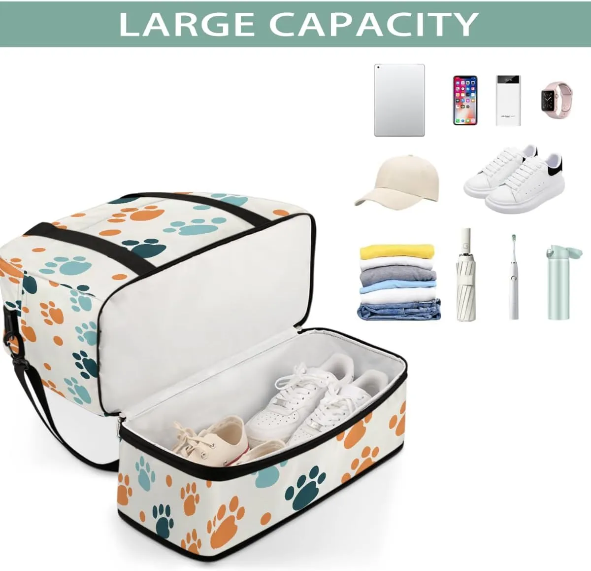 Sports Gym Bag Cute Animal Footprints Large Travel Duffel Bag With Shoe Compartment Foldable Waterproof Carry-On Weekend Travel Bags for Camping Overnight Yoga Hospital Travel Bags