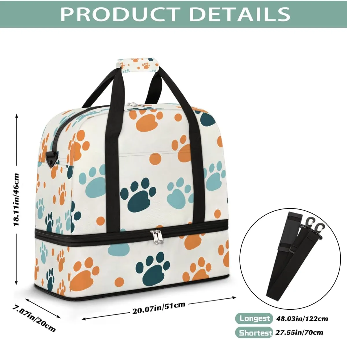 Sports Gym Bag Cute Animal Footprints Large Travel Duffel Bag With Shoe Compartment Foldable Waterproof Carry-On Weekend Travel Bags for Camping Overnight Yoga Hospital Travel Bags