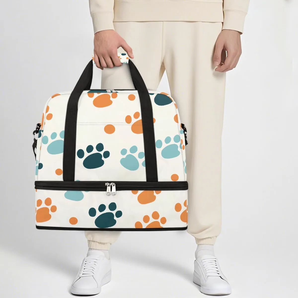 Sports Gym Bag Cute Animal Footprints Large Travel Duffel Bag With Shoe Compartment Foldable Waterproof Carry-On Weekend Travel Bags for Camping Overnight Yoga Hospital Travel Bags
