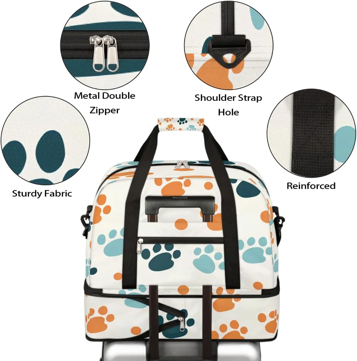 Sports Gym Bag Cute Animal Footprints Large Travel Duffel Bag With Shoe Compartment Foldable Waterproof Carry-On Weekend Travel Bags for Camping Overnight Yoga Hospital Travel Bags