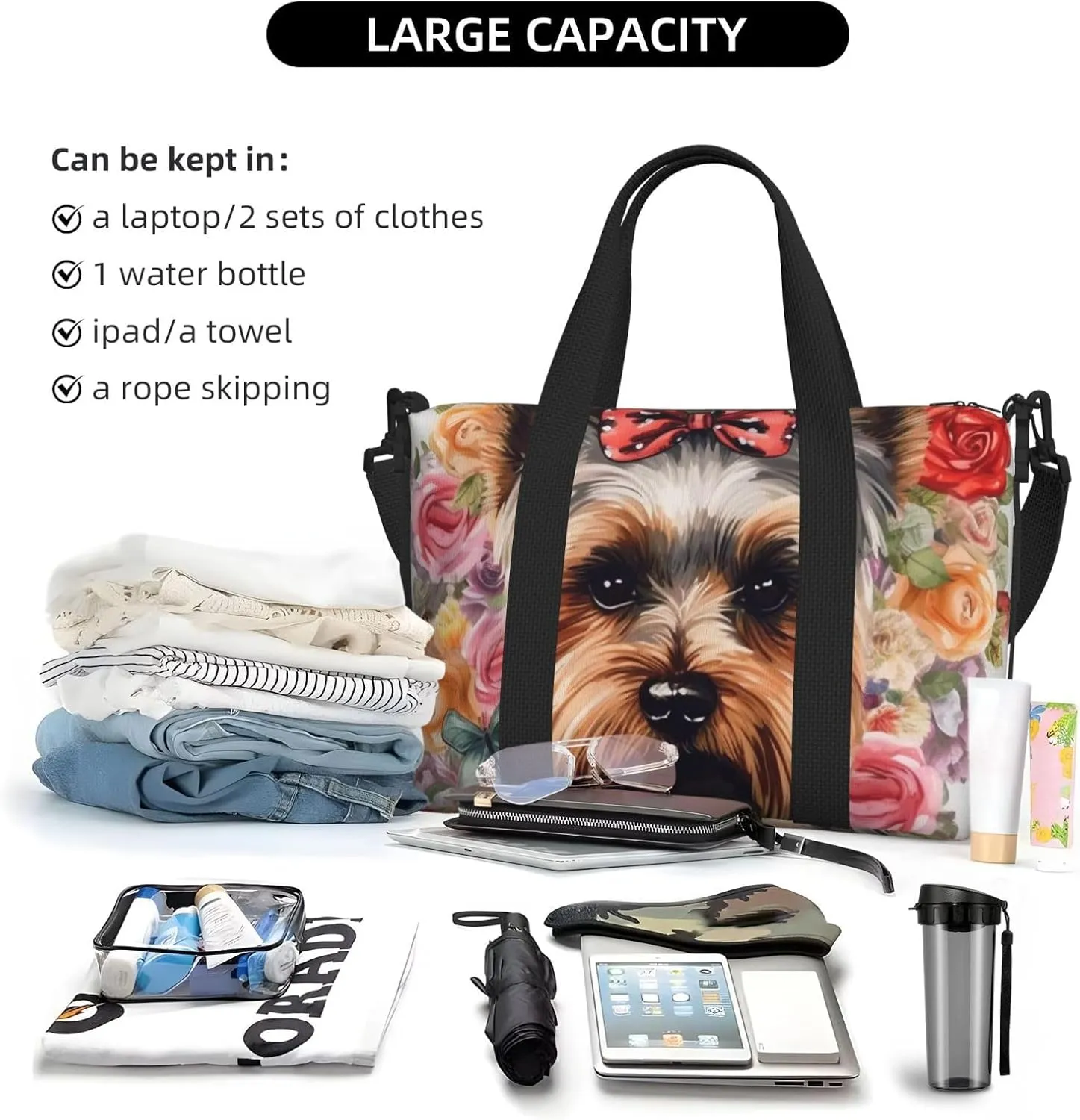 Sports Gym Bag for Women Men Travel Duffel Bag Tote Weekender Bag Carry on Overnight Bag for Travel Swimming Fitness Workout Sports Yorkie Floral Duffle Bag
