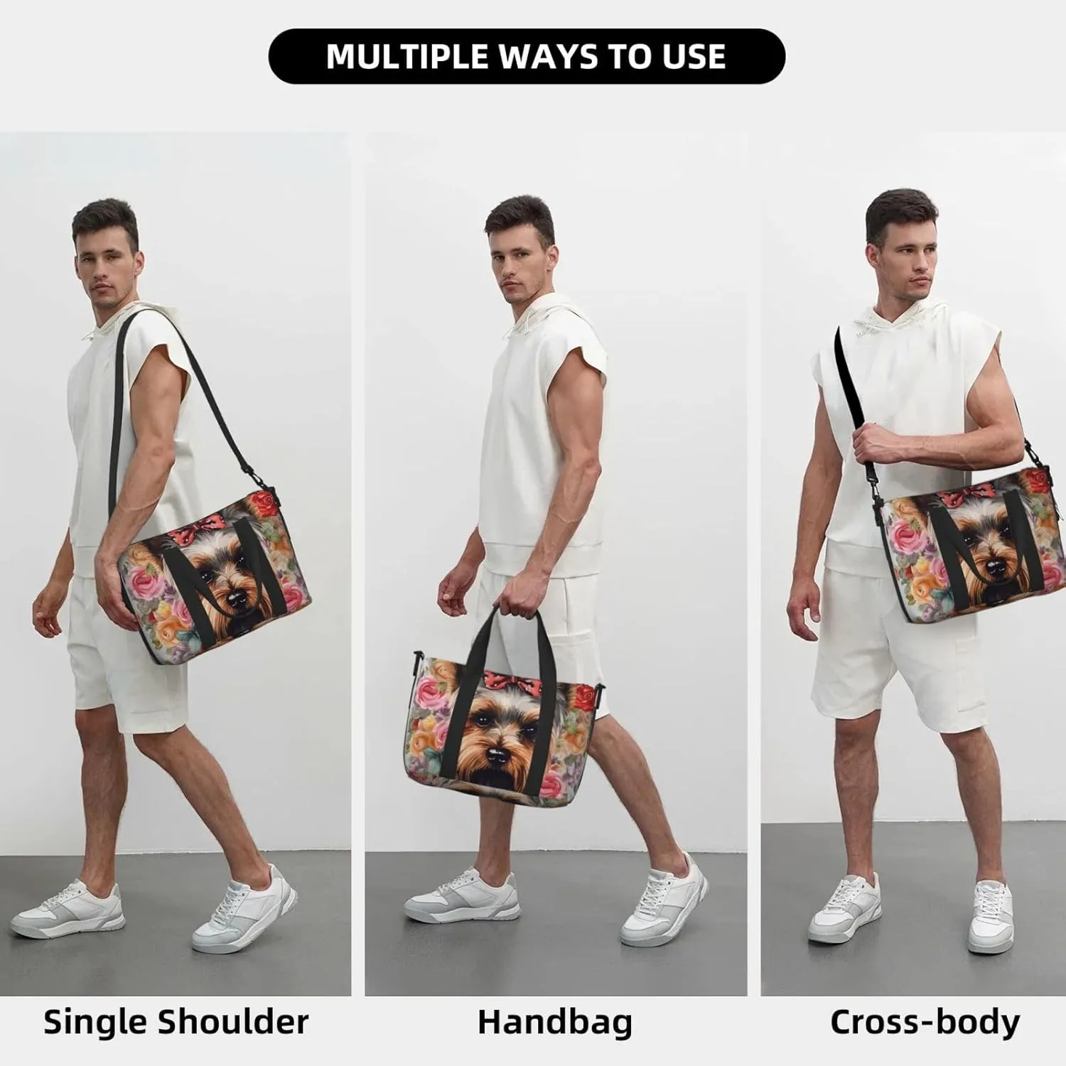 Sports Gym Bag for Women Men Travel Duffel Bag Tote Weekender Bag Carry on Overnight Bag for Travel Swimming Fitness Workout Sports Yorkie Floral Duffle Bag