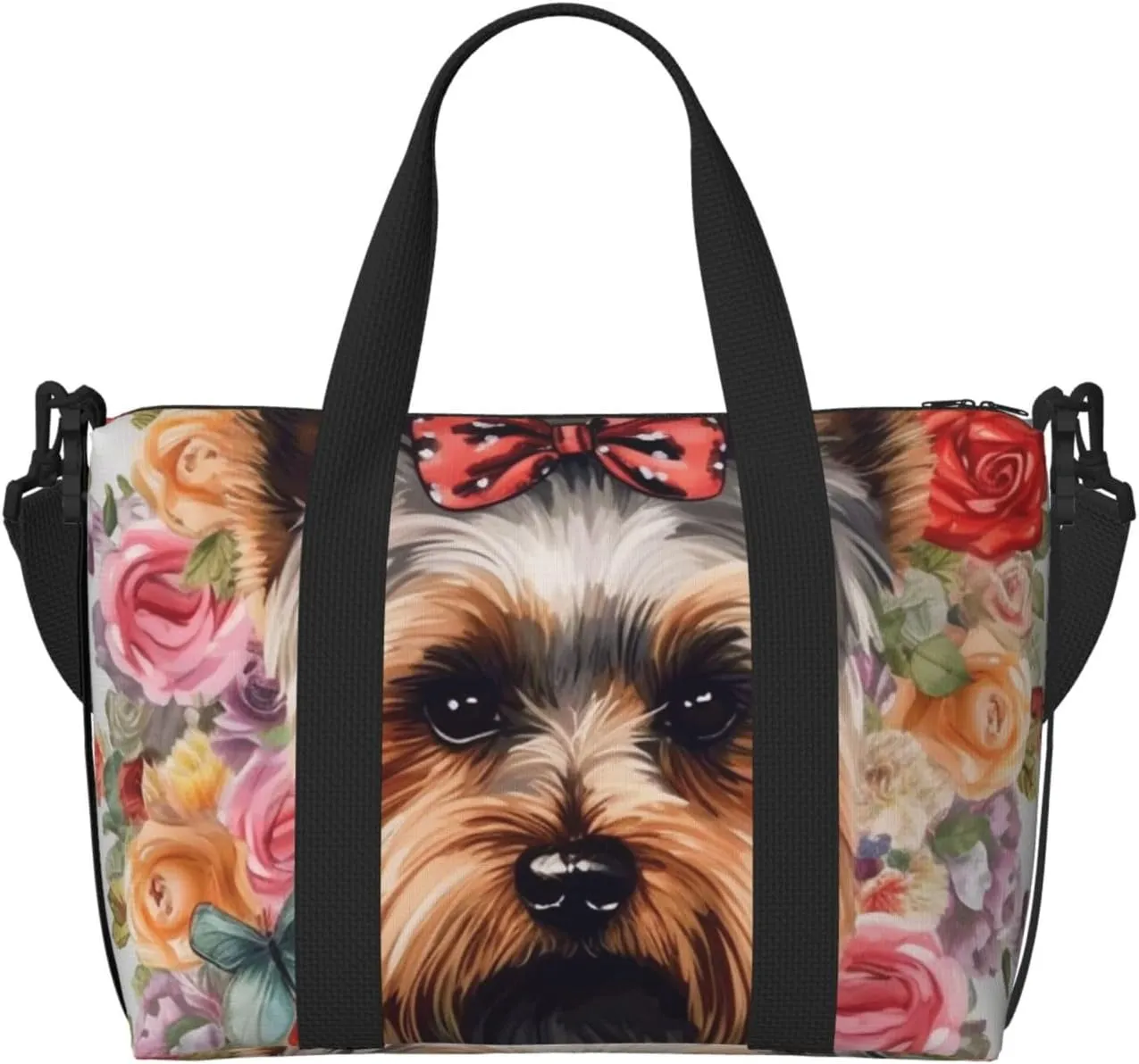 Sports Gym Bag for Women Men Travel Duffel Bag Tote Weekender Bag Carry on Overnight Bag for Travel Swimming Fitness Workout Sports Yorkie Floral Duffle Bag