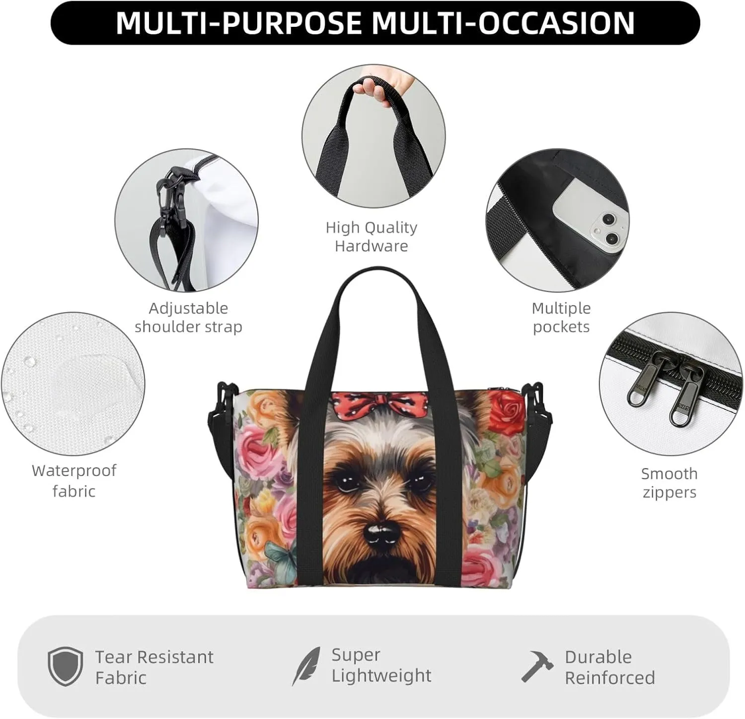 Sports Gym Bag for Women Men Travel Duffel Bag Tote Weekender Bag Carry on Overnight Bag for Travel Swimming Fitness Workout Sports Yorkie Floral Duffle Bag