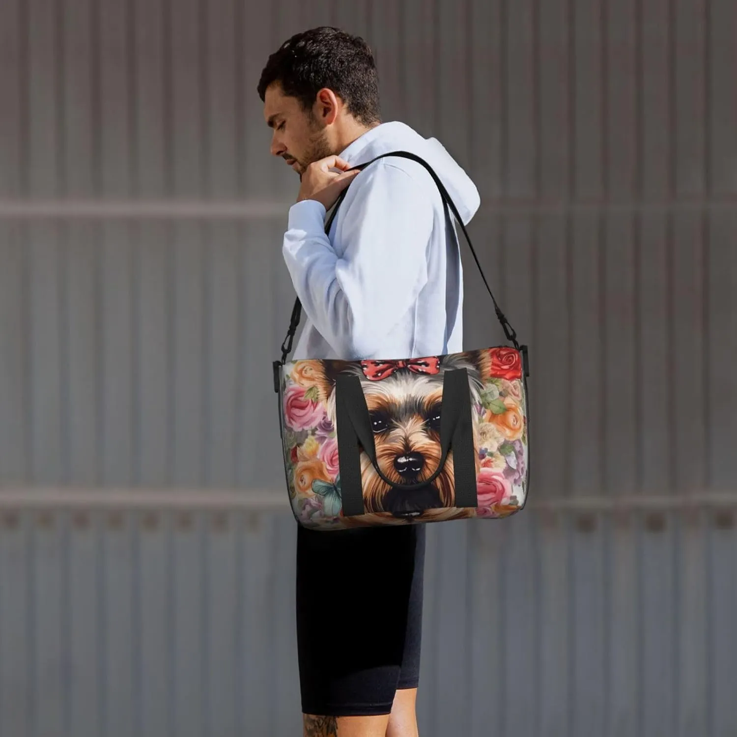 Sports Gym Bag for Women Men Travel Duffel Bag Tote Weekender Bag Carry on Overnight Bag for Travel Swimming Fitness Workout Sports Yorkie Floral Duffle Bag