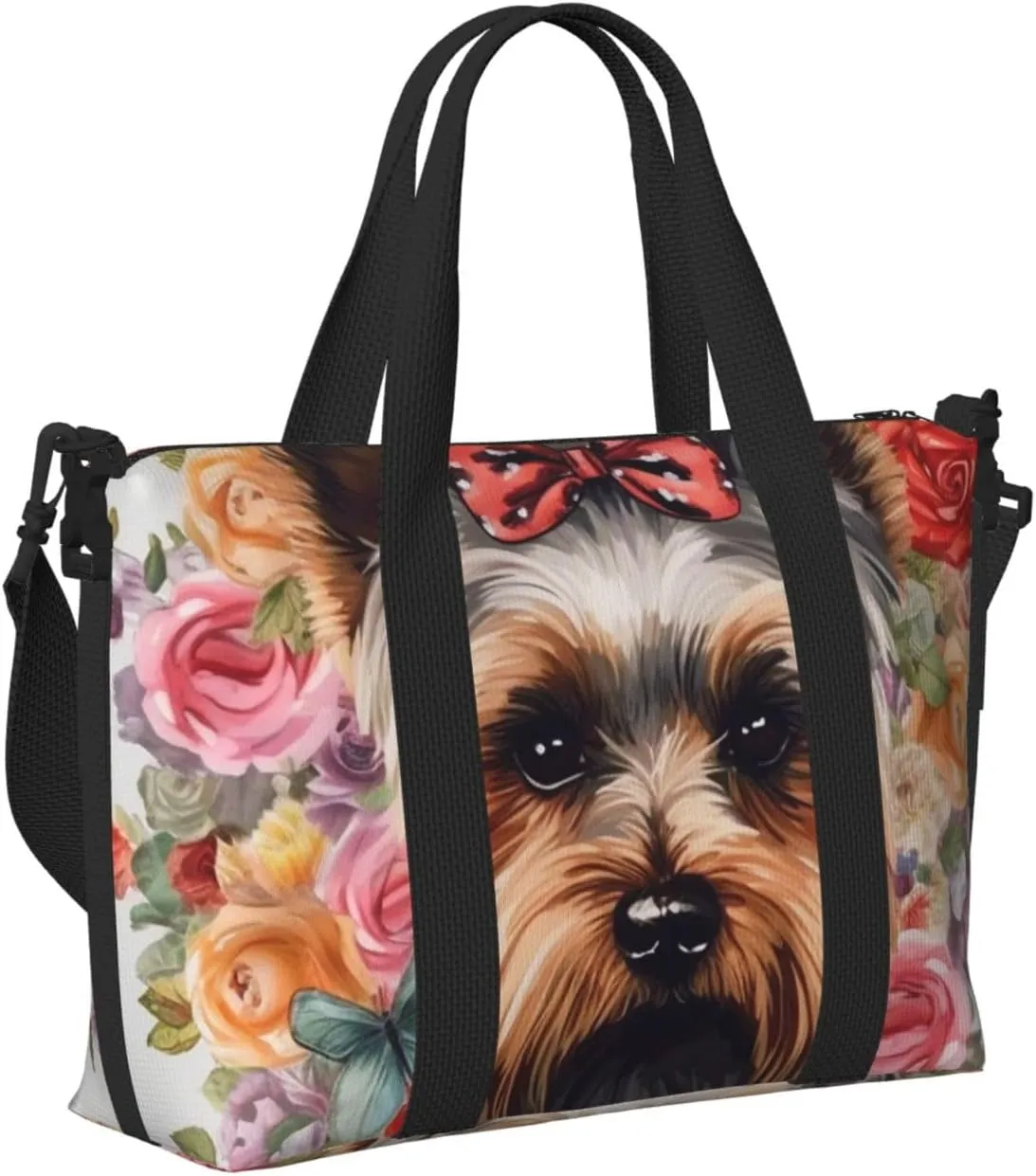 Sports Gym Bag for Women Men Travel Duffel Bag Tote Weekender Bag Carry on Overnight Bag for Travel Swimming Fitness Workout Sports Yorkie Floral Duffle Bag