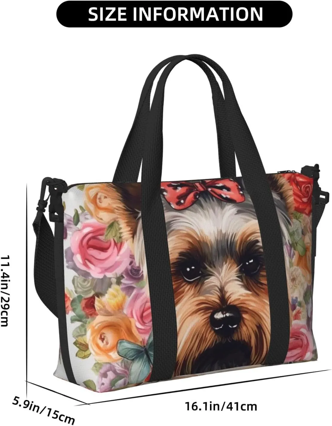 Sports Gym Bag for Women Men Travel Duffel Bag Tote Weekender Bag Carry on Overnight Bag for Travel Swimming Fitness Workout Sports Yorkie Floral Duffle Bag
