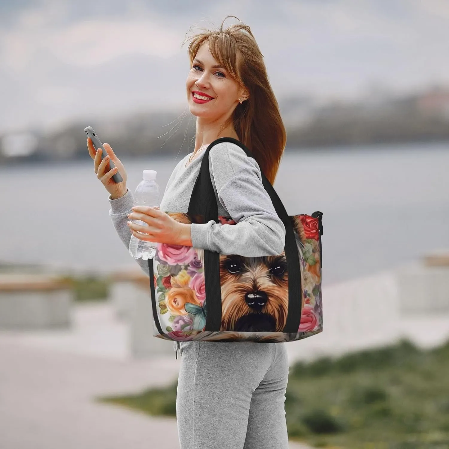 Sports Gym Bag for Women Men Travel Duffel Bag Tote Weekender Bag Carry on Overnight Bag for Travel Swimming Fitness Workout Sports Yorkie Floral Duffle Bag