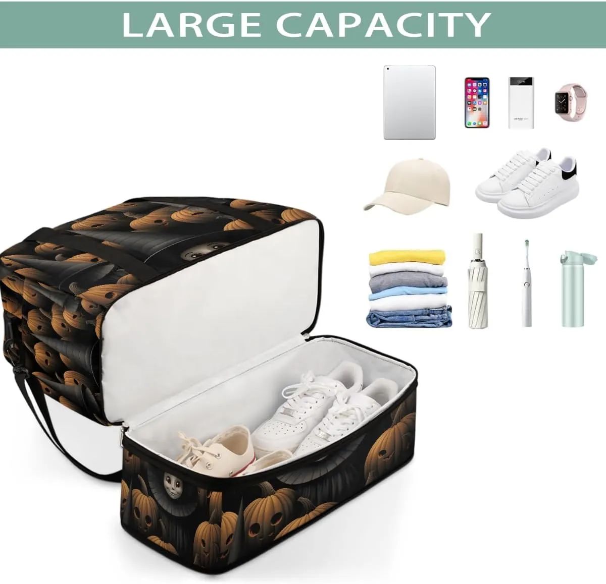 Sports Gym Bag Ghost Pumpkin Retro Large Travel Duffel Bag With Shoe Compartment Foldable Waterproof Carry-On Weekend Travel Bags for Camping Overnight Yoga Hospital Travel Bags