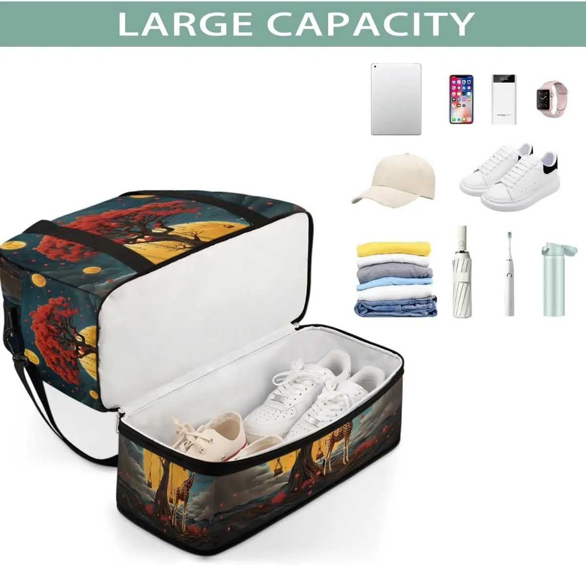 Sports Gym Bag Landscape Deer Animals Large Travel Duffel Bag With Shoe Compartment Foldable Waterproof Carry-On Weekend Travel Bags for Camping Overnight Yoga Hospital Travel Bags
