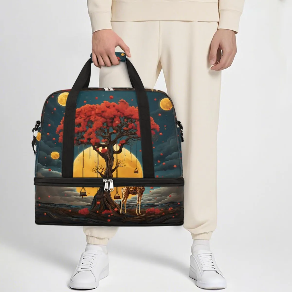 Sports Gym Bag Landscape Deer Animals Large Travel Duffel Bag With Shoe Compartment Foldable Waterproof Carry-On Weekend Travel Bags for Camping Overnight Yoga Hospital Travel Bags