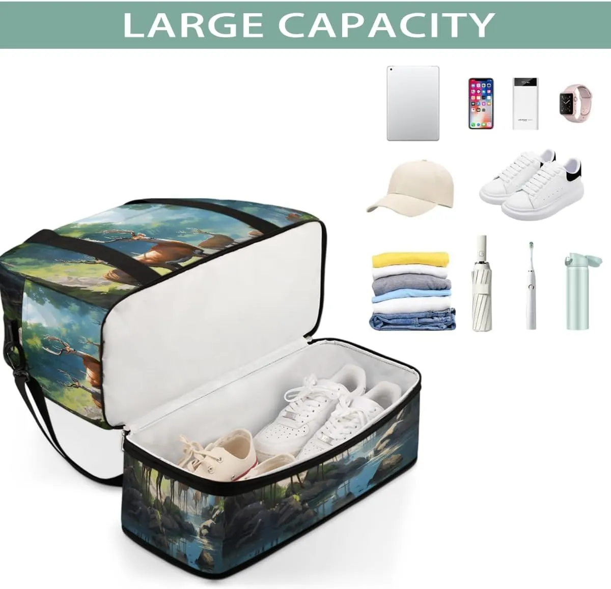 Sports Gym Bag Landscape Deer Forest Large Travel Duffel Bag With Shoe Compartment Foldable Waterproof Carry-On Weekend Travel Bags for Camping Overnight Yoga Hospital Travel Bags