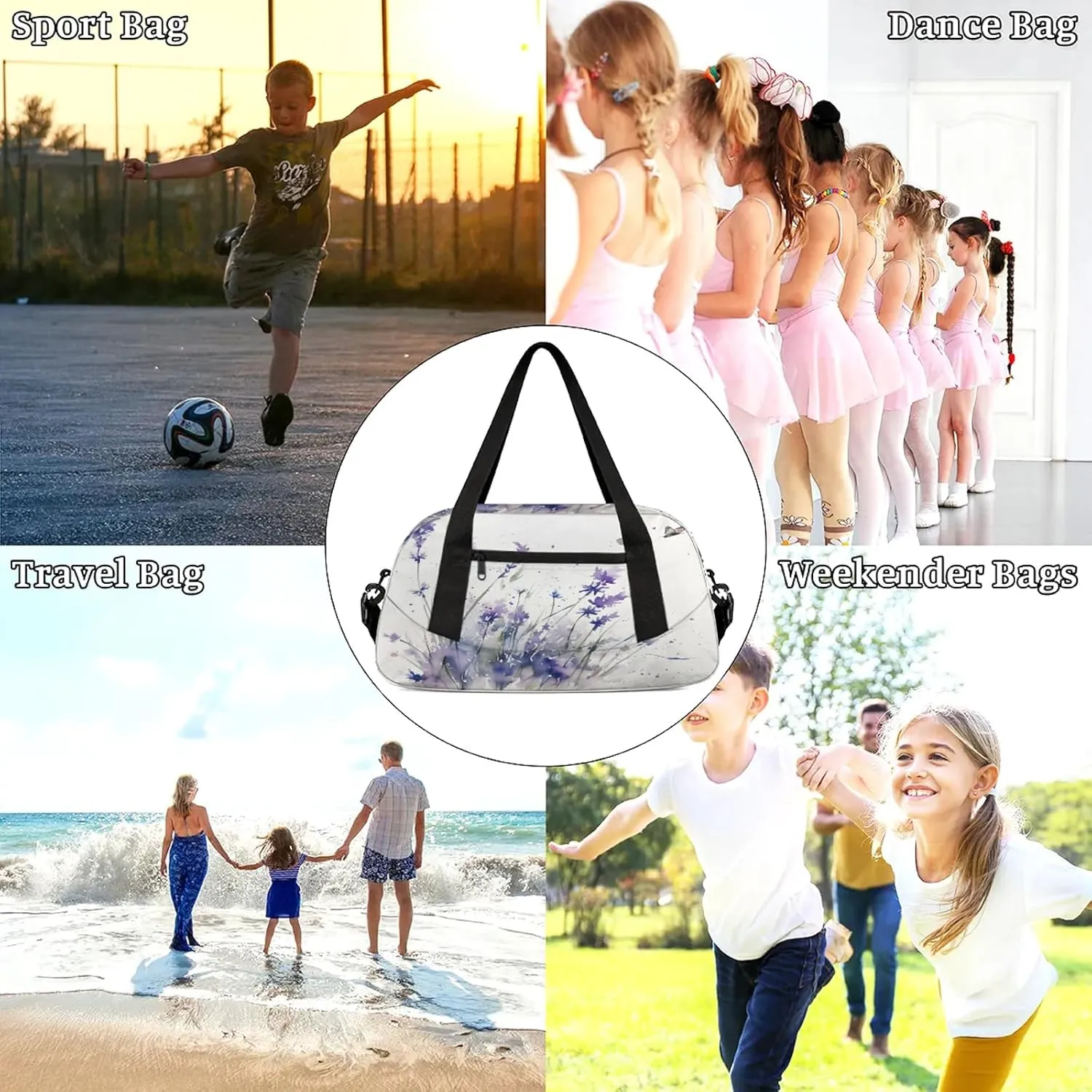 Spring Summer Lavender Purple Kids Duffel Bag Lightweight Waterproof Sports Gym Bag with Front Zipper Pocket Foldable Weekender Overnight Bag for School Practice Gymnastic Ballet
