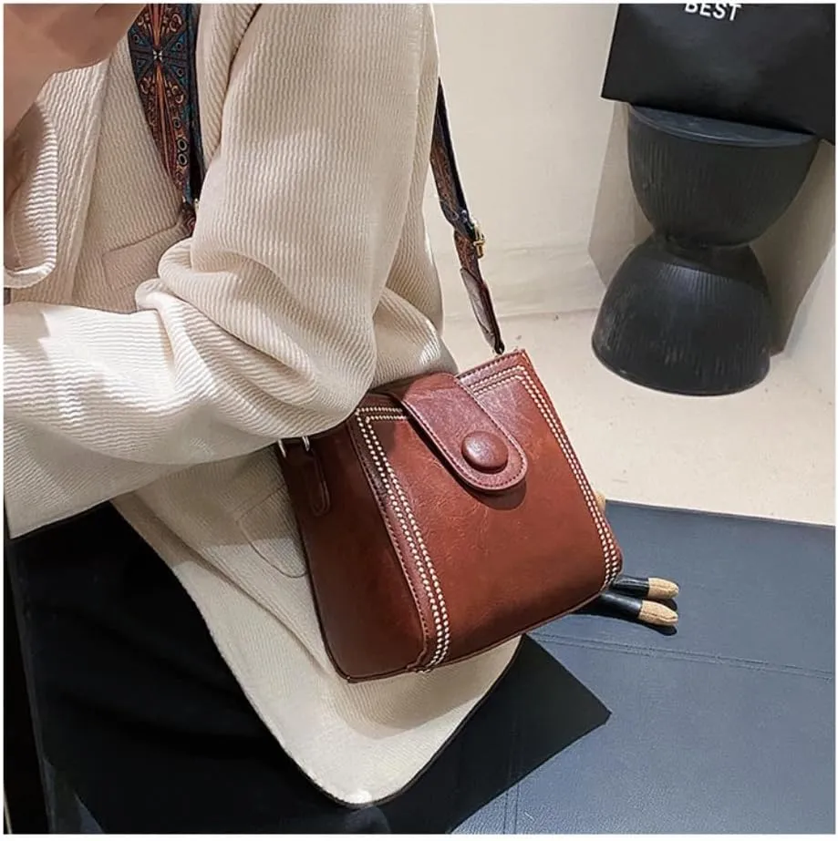 Square Shoulder Sling Bag, Vintage Fashion Bags with Adjustable Wide Shoulder Strap, Bucket Bag with Cute Rabbit Pendant
