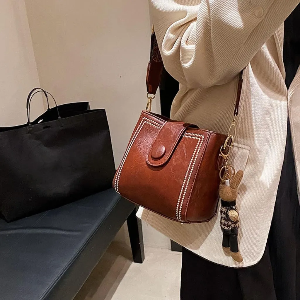 Square Shoulder Sling Bag, Vintage Fashion Bags with Adjustable Wide Shoulder Strap, Bucket Bag with Cute Rabbit Pendant