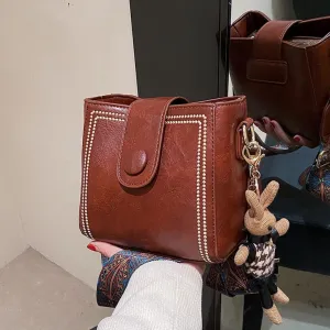 Square Shoulder Sling Bag, Vintage Fashion Bags with Adjustable Wide Shoulder Strap, Bucket Bag with Cute Rabbit Pendant