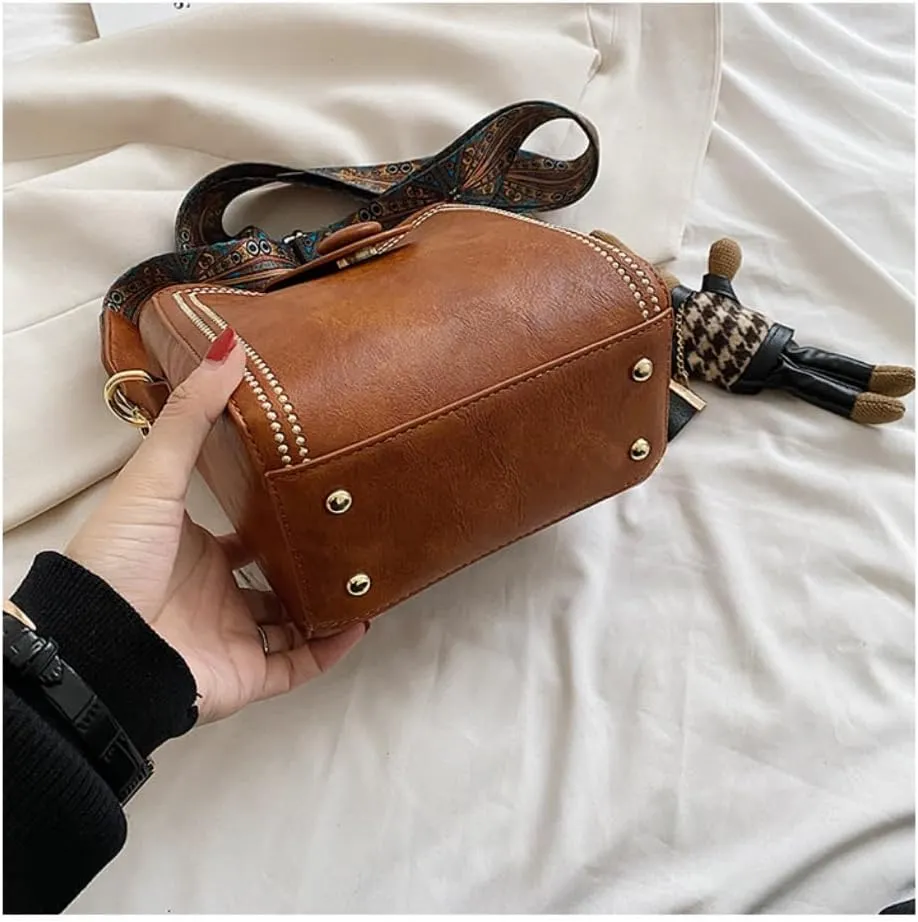 Square Shoulder Sling Bag, Vintage Fashion Bags with Adjustable Wide Shoulder Strap, Bucket Bag with Cute Rabbit Pendant