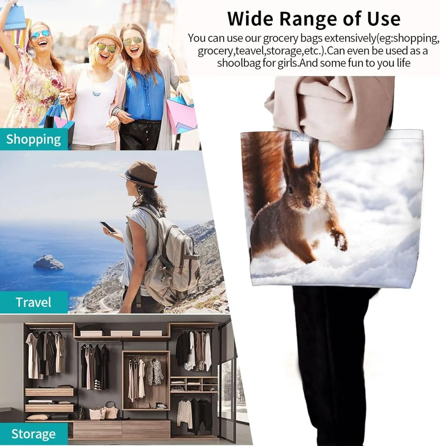 Squirrel Canvas Tote Bag Cute Shoulder Bag Handbag Casual Animal Grocery Bags Cute Animals Bag for Outdoor