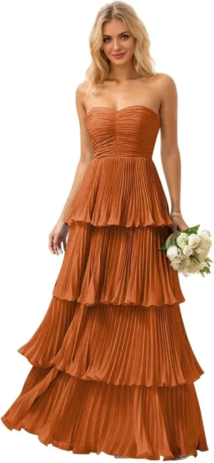 Strapless Ruffle Bridesmaid Dresses for Wedding Long Tiered Prom Dress Flowy Floral Chiffon Formal Evening Gowns