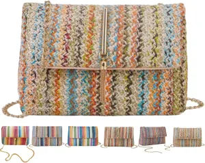 Straw Crossbody Bags for Women Trendy Fashion Tassel Decorated Summer Beach Casual Striped Pattern Flap Shoulder Bag