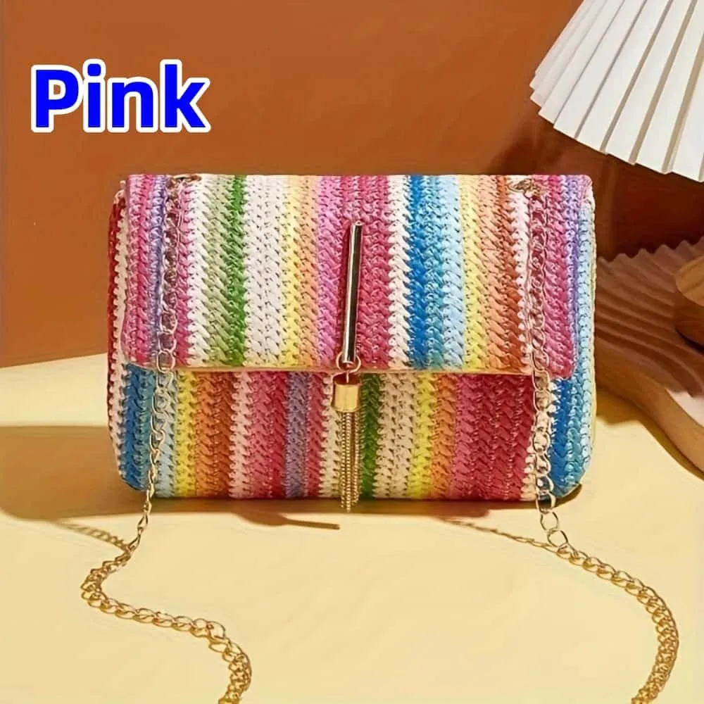 Straw Crossbody Bags for Women Trendy Fashion Tassel Decorated Summer Beach Casual Striped Pattern Flap Shoulder Bag