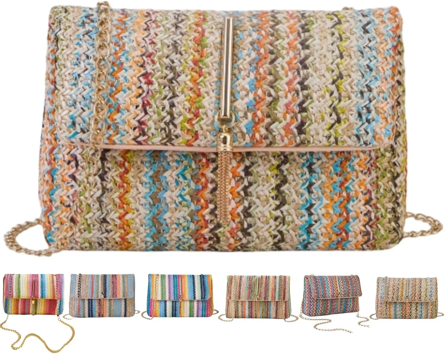 Straw Crossbody Bags for Women Trendy Fashion Tassel Decorated Summer Beach Casual Striped Pattern Flap Shoulder Bag