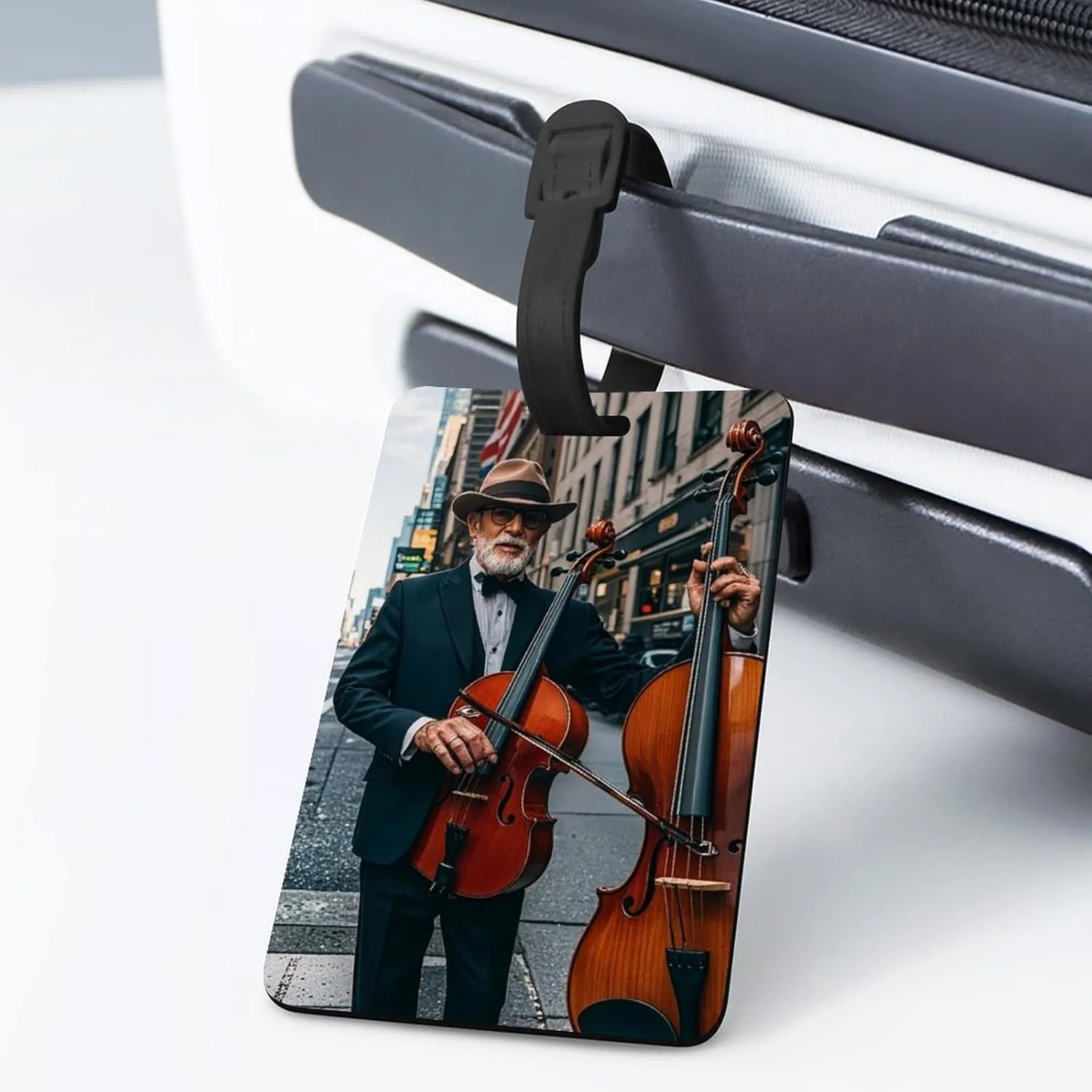 Street Singer and Double Bass Player Luggage Tag with Information Card Waterproof Suitcase Identifier Labels Tear-Resistant, Durable TPU Travel ID Tag for Suitcases,Baggage, Handbag Black-Style