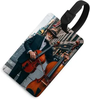 Street Singer and Double Bass Player Luggage Tag with Information Card Waterproof Suitcase Identifier Labels Tear-Resistant, Durable TPU Travel ID Tag for Suitcases,Baggage, Handbag Black-Style