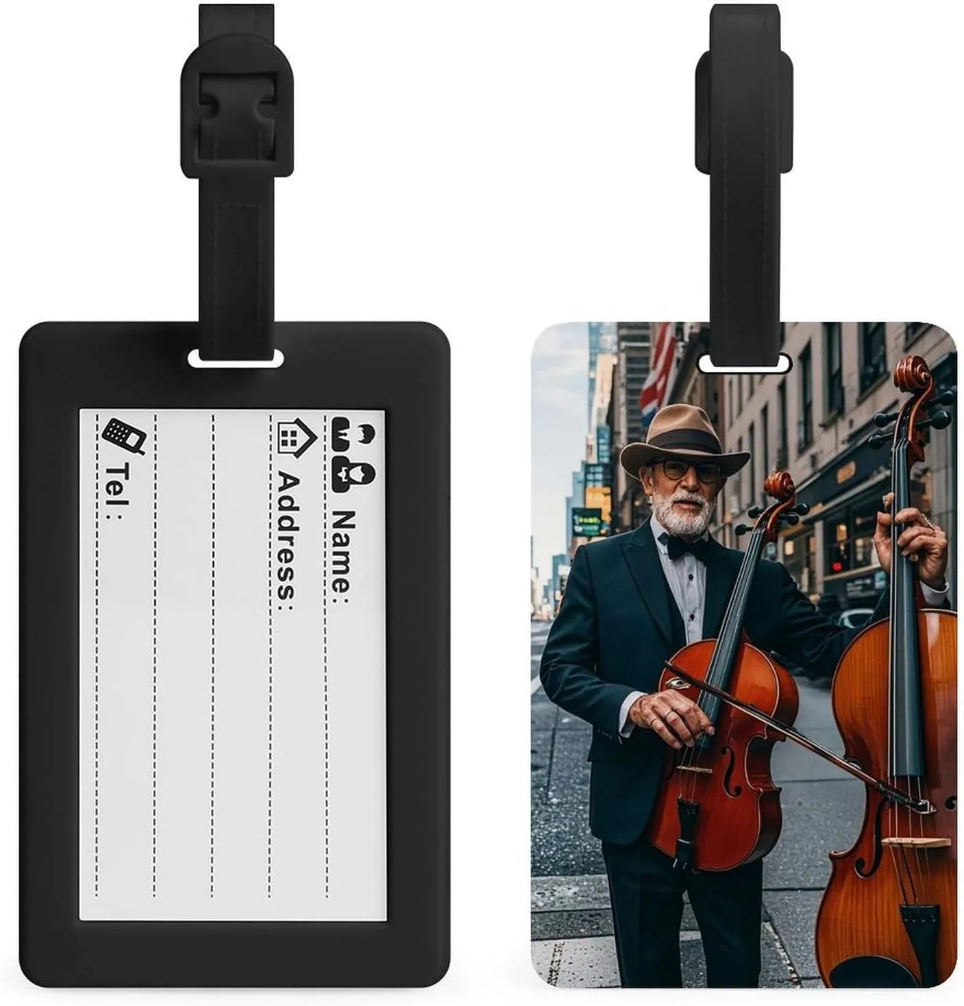 Street Singer and Double Bass Player Luggage Tag with Information Card Waterproof Suitcase Identifier Labels Tear-Resistant, Durable TPU Travel ID Tag for Suitcases,Baggage, Handbag Black-Style