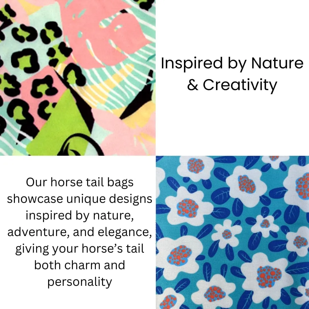 Stretch Fabric Horse Tail Bags with Vibrant Floral and Nature-Inspired Patterns, Fits All Tail Sizes, Tail Protection for Grooming, Shows, and Everyday Use, 2-Pack (Floral Adventure Set)