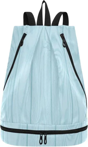 Striped blue wood texture vintage Drawstring swim bags trendy string bag with Wet Dry Compartments
