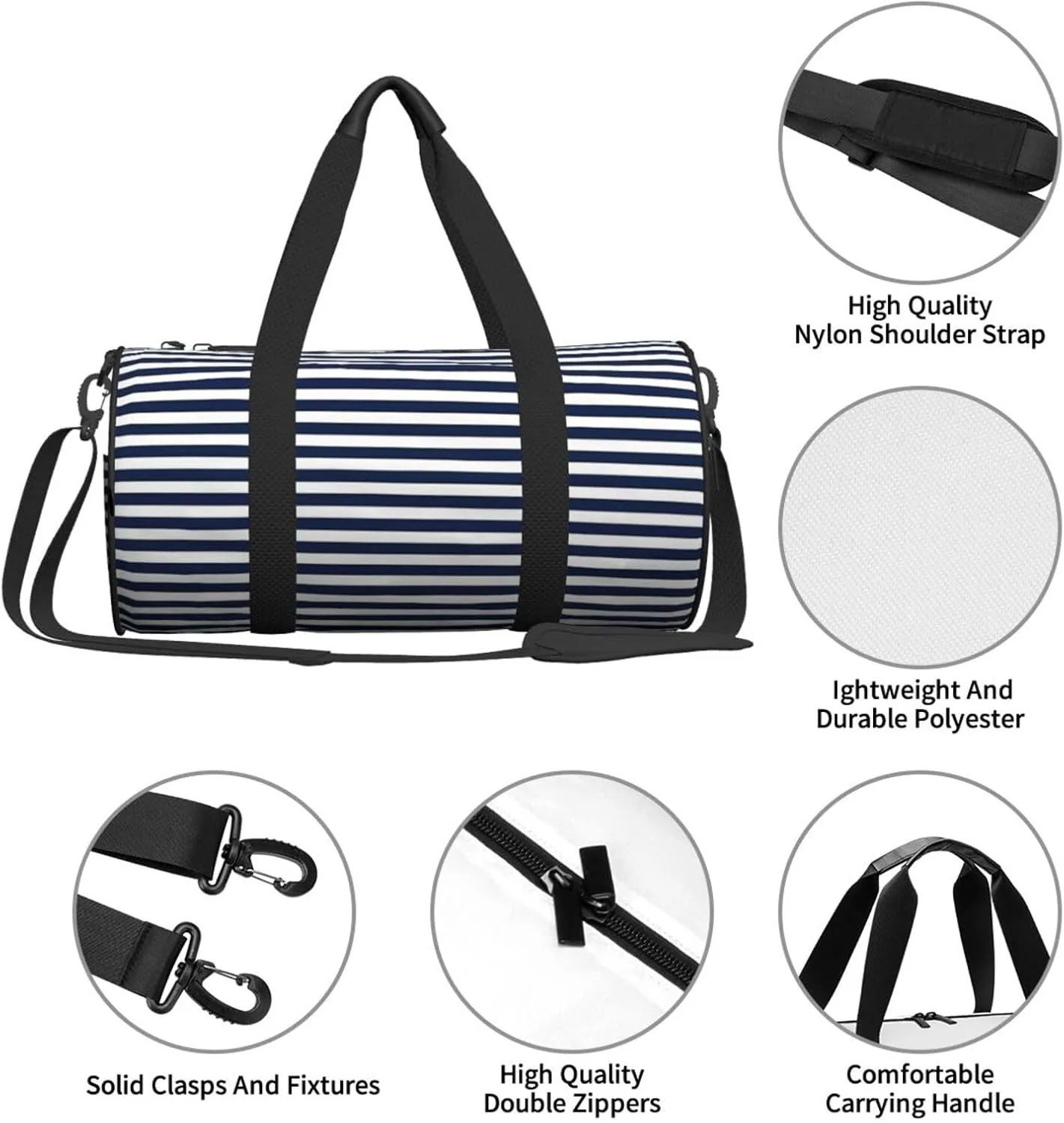 Striped Navy Blue Round Travel Duffel Bag Large Capacity Gym Sports Bags for Hiking Vacation Trips