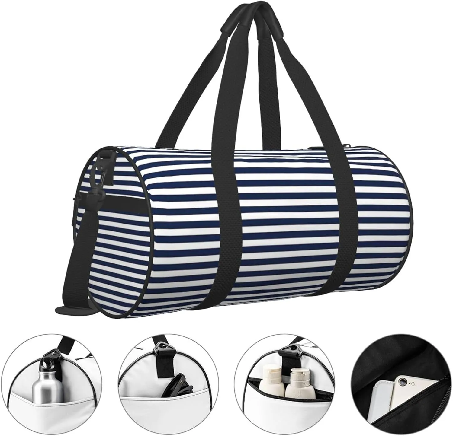 Striped Navy Blue Round Travel Duffel Bag Large Capacity Gym Sports Bags for Hiking Vacation Trips