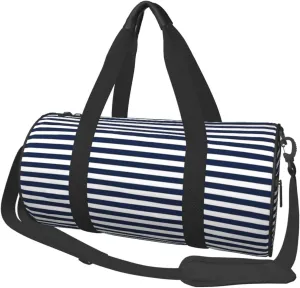 Striped Navy Blue Round Travel Duffel Bag Large Capacity Gym Sports Bags for Hiking Vacation Trips