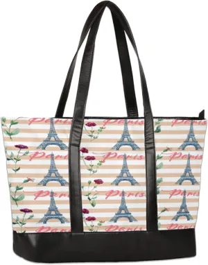 Striped Paris Tower Roses Laptop Tote Bag for Women Lightweight Work Purse with Multiple Compartments Fits 13-15.6 Inch Laptop Tablet Shoulder Bag for Office Travel Daily Use
