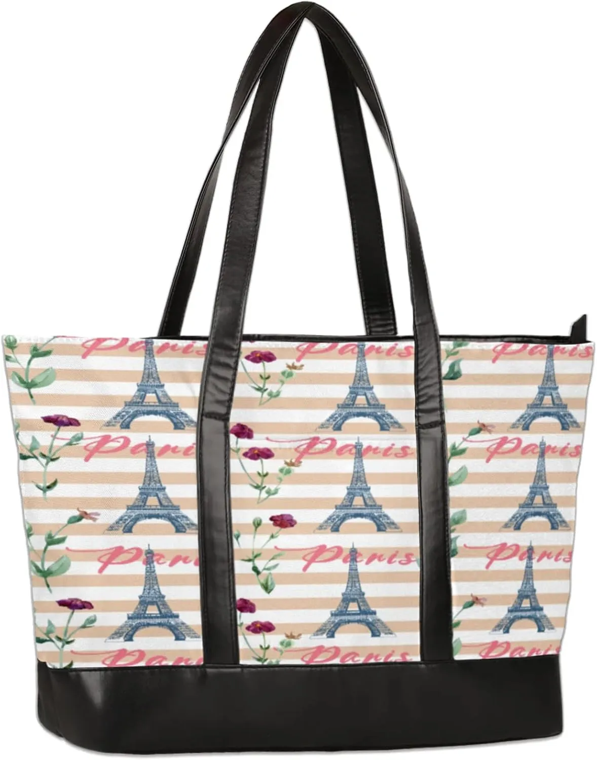 Striped Paris Tower Roses Laptop Tote Bag for Women Lightweight Work Purse with Multiple Compartments Fits 13-15.6 Inch Laptop Tablet Shoulder Bag for Office Travel Daily Use