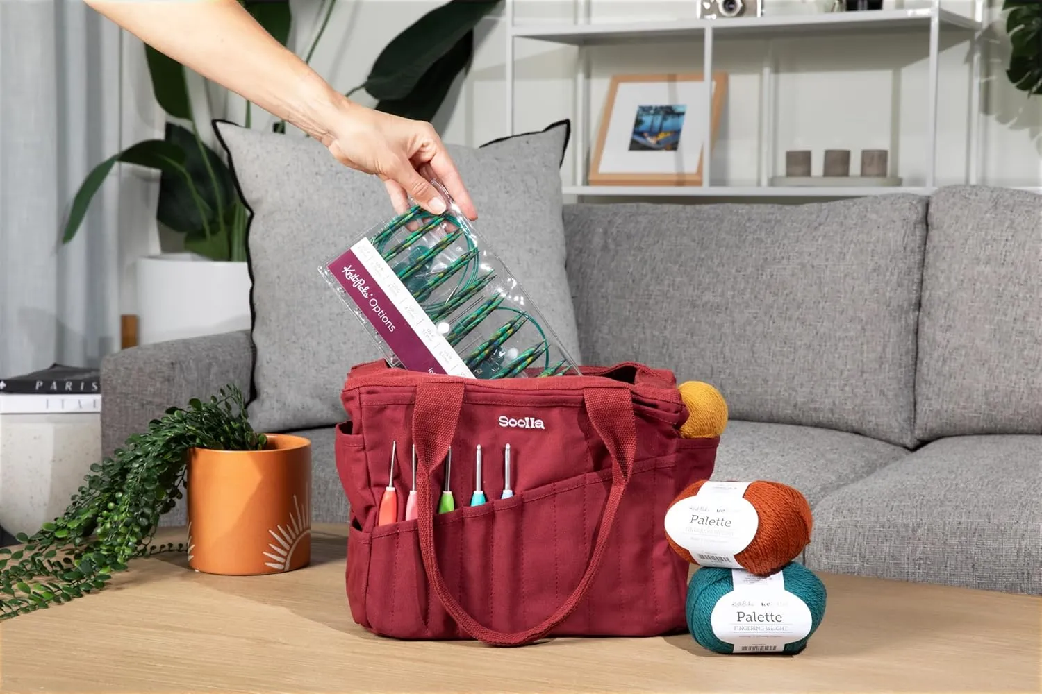 Studio Art Supply Storage Organizer & Pottery Tool Tote, Washable Craft Knitting Yarn & Crochet Project Bag, 30 Pockets, 15  Canvas Colors, Adult Artist Boho Beige Bag