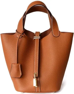 Stylish Leather Bucket Handbag for Women - Trendy Plain Color with Secure Lock Design, Fashionable Shoulder Bag