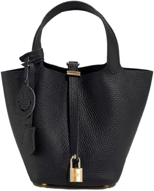 Stylish Leather Bucket Handbag for Women - Trendy Plain Color with Secure Lock Design, Fashionable Shoulder Bag